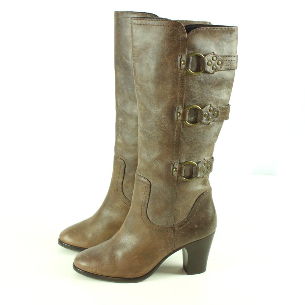Matisse High Heel Harness Boots 8.5, Brown Leather, Womens Knee High Riding Boot